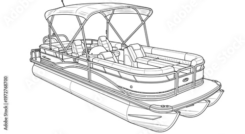 Pontoon boat with canopy and seating arranged for leisure water activities on a clear white background.