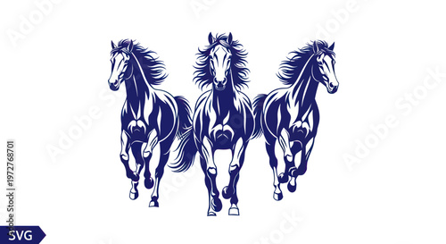 Three running horses, dynamic movement, freedom, powerful animals, silhouette style