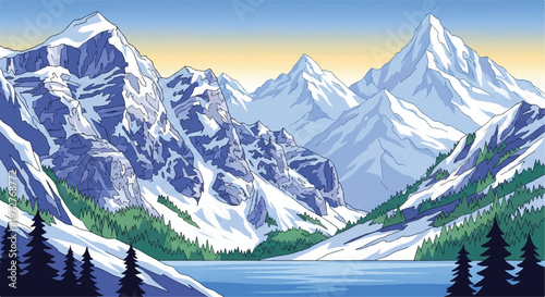Snowy mountains landscape. Mountains covered with snow. Mountain range and blue sky. Vector illustration.