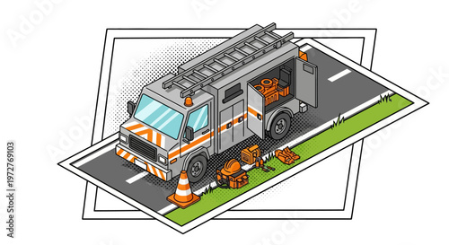Isometric fire truck with equipment on road
