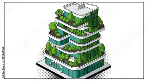 Futuristic green building with lush vertical gardens in isometric style