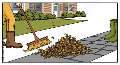Person sweeping leaves on a residential path in autumn line art