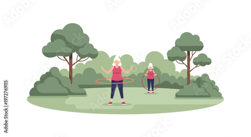 Elderly women exercising with hula hoops in a park setting