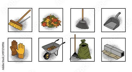 Essential gardening tools set with shovel, rake, wheelbarrow, gloves, and more in flat style