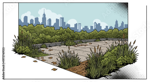 Urban rooftop garden with city skyline in comic book style
