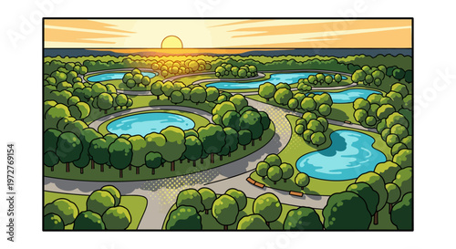 Scenic sunset over tree-lined waterways in vibrant cartoon style