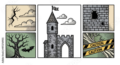 Haunted castle in comic style with halloween elements and caution signs
