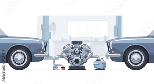 Classic car engine displayed in retro garage setting