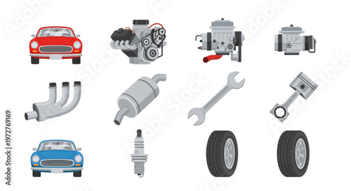 Automotive parts icons set featuring engines, car, and tools in flat design