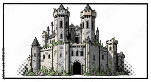 Ancient stone castle with towers and overgrown ivy in cartoon style
