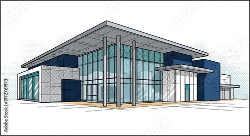 Modern commercial building design with glass facade in isometric perspective