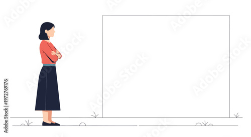 Woman observing blank canvas in minimalist setting