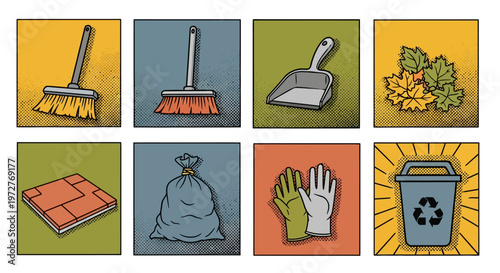 Retro pop art cleaning and recycling icons with comic book style