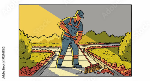 City maintenance worker sweeping a sidewalk in vibrant urban landscape