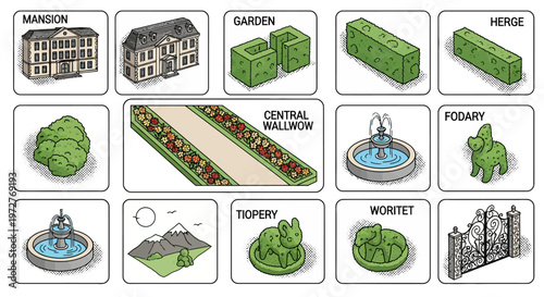 Isometric garden elements: hedges, fountains, and topiary designs