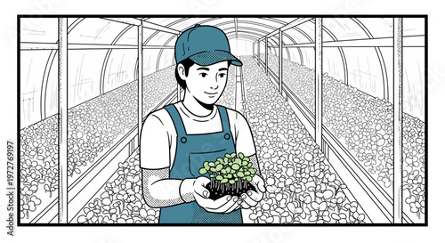 Farmer holding seedlings in greenhouse with comic art style
