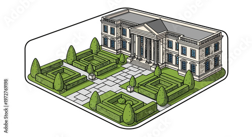 Elegant isometric mansion with formal garden and symmetrical landscape design