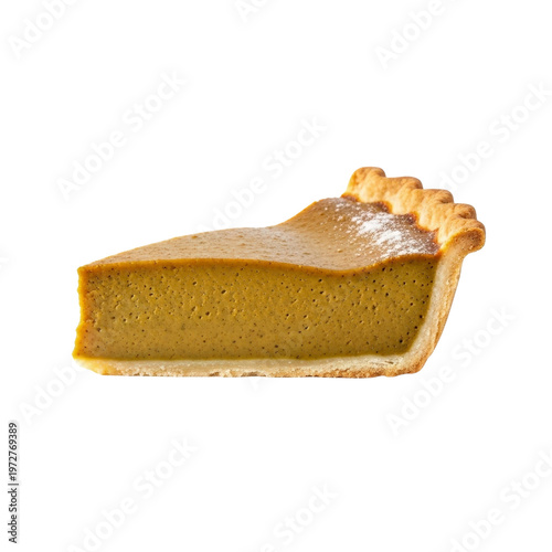 Slice of pumpkin pie with powdered sugar