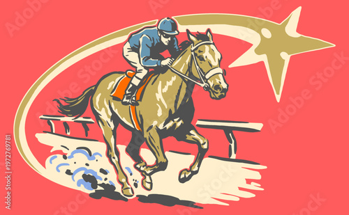 Galloping speed. Horse racing club vintage print design. Equestrian sports graphic for t-shirt, poster, and sticker. Race track athlete artwork.