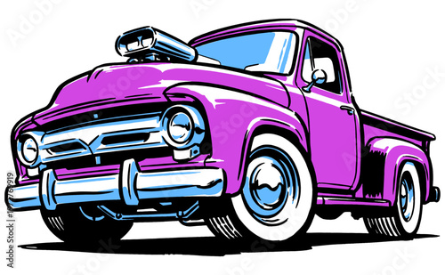 Pro street muscle. Classic pickup truck art for poster, sticker, apparel graphic, and decal print. High performance racing club.