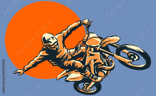 Motocross legend. Extreme bike stunts. Off-road racing graphic for t-shirt print, poster, sticker, and apparel. Dirt track speed culture.