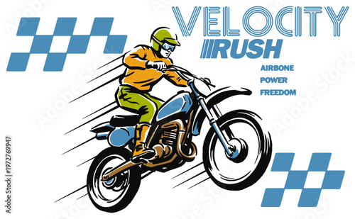 Velocity Rush extreme dirt bike racing. Sport graphic print design for t-shirt, poster, sticker, background. Off-road legend, high speed moto club.