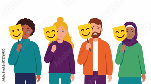 Vector illustration of person holding confident mask to hide anxiety and self-doubt. Psychological struggle, professional fraud feeling, mental health and identity.