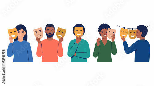 Professional person wearing a mask to hide self-doubt and fear. Illustration of psychological fraudulence, anxiety, and mental health struggle in the workplace.