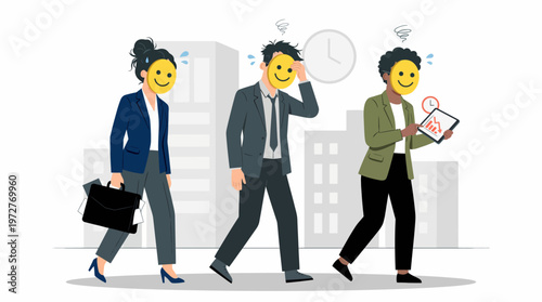 Anxious professional wearing a smiling mask to hide self-doubt and insecurity. Psychological fraud feeling, mental health, and social pressure. Vector illustration.