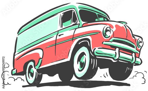 Road trip legends. Classic van vector art for t-shirt print, poster, sticker and sticker design. Adventure travel graphic. Retro ride vibe.