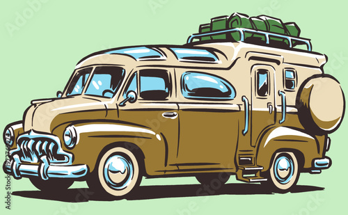Road trip legends. Classic camper van graphic print. Vintage travel adventure artwork. Camping lifestyle design for t-shirt, poster, and sticker.