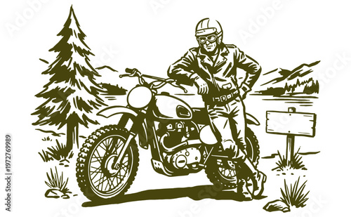 Ride into the wild. Moto adventure vintage print design. Biker lifestyle artwork. Forest mountain explorer club graphic for apparel and poster.