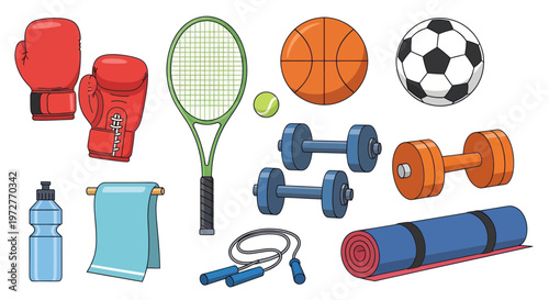 Sports Equipment Collection: Boxing Gloves, Tennis Racket, Dumbbells, Yoga Mat, Balls