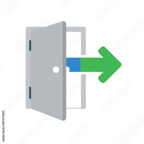 Vector of a gray door slightly ajar with a green arrow pointing to the opening
