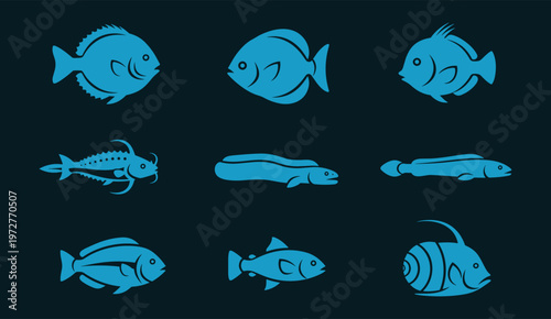 Flatfish and Saltwater Fish Species Silhouette Set — Flounder, Sole, Salmon, Clownfish Blue Vector on Dark Background