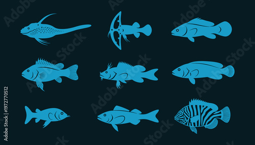 Large Freshwater and Game Fish Species Silhouette Set — Bass, Perch, Catfish, Pike Blue Vector on Dark Background