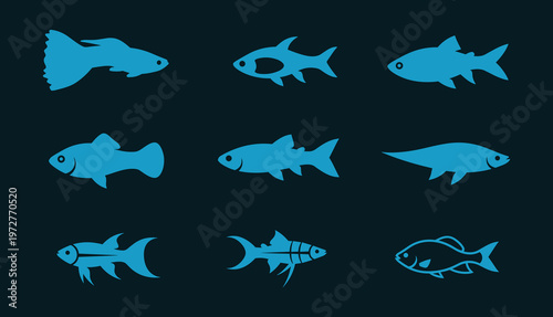 Small Freshwater Fish Species Silhouette Set — Neon Tetra, Guppy, Minnow, Danio Blue Flat Vector Icons on Dark Background