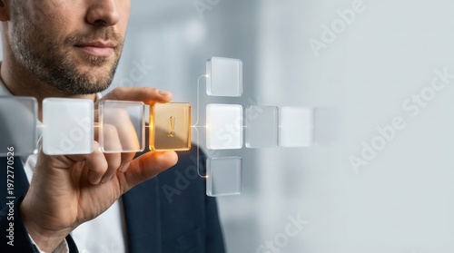 Business professional highlighting a flagged exception block in a transparent workflow sequence with copy space for compliance review audit governance header