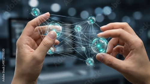 Hands shaping connected digital node network with glowing spheres in office setting for enterprise automation technology header background