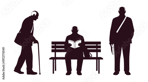 Elderly Men Daily Activity Silhouette Set — Walking with Cane, Reading on Bench, Standing with Bag Black Vector