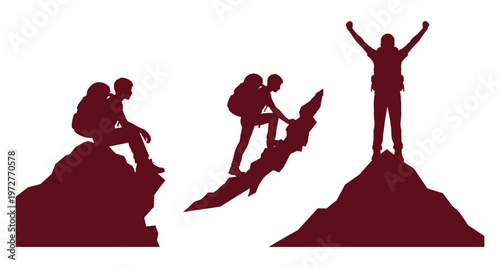 Mountain Climber and Hiker Silhouette Set — Climbing, Reaching Summit, Victory Pose Dark Red Vector Illustration