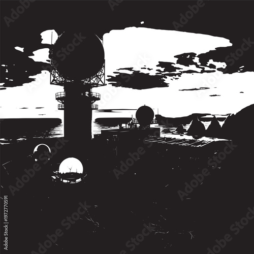 Silhouette of a radar tower and communication antennas against a dramatic sky with satellite dish with weather station with broadcast tower with air traffic control with military technology