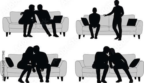 Couch interaction silhouette illustrations, people conversation artwork, interpersonal design collection, black white figure set, stylized social profiles