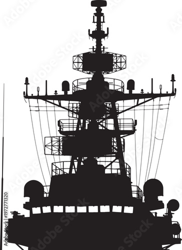 Silhouette of a modern naval ship's superstructure with radar and antennas