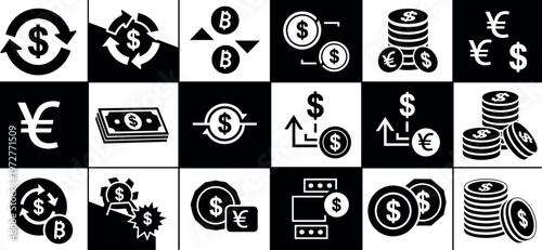Currency Exchange and Money Transaction Icon Set with Dollar Euro Bitcoin Coins and Financial Symbols in Vector Style