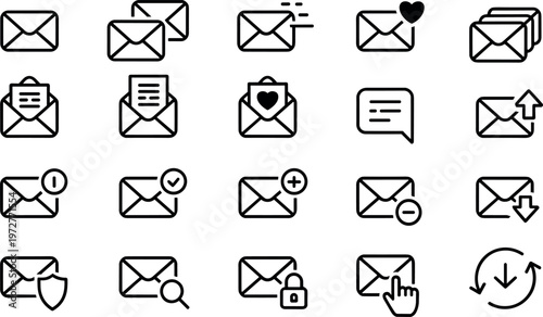 Email communication and inbox management outline icon set with notifications security spam filters and message interaction vector collection