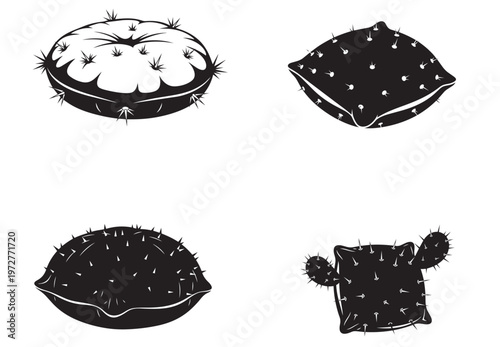 Set of black silhouette icons depicting uncomfortable pillows covered in sharp cactus thorns and spines.