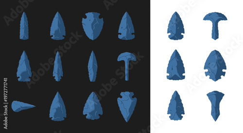 Collection of ancient stone arrowheads and prehistoric tools, isolated on white and dark backgrounds.