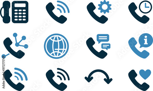 Phone communication and call service icon set with hotline support connection network and mobile interaction vector illustration collection