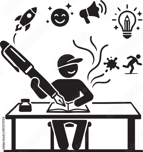 Creative writer illustration working with a giant fountain pen at a desk, surrounded by symbols of inspiration, ideas, and storytelling.